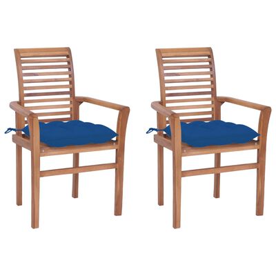 vidaXL spisebordsstole 2 stk. med blå hynder massivt teaktræ