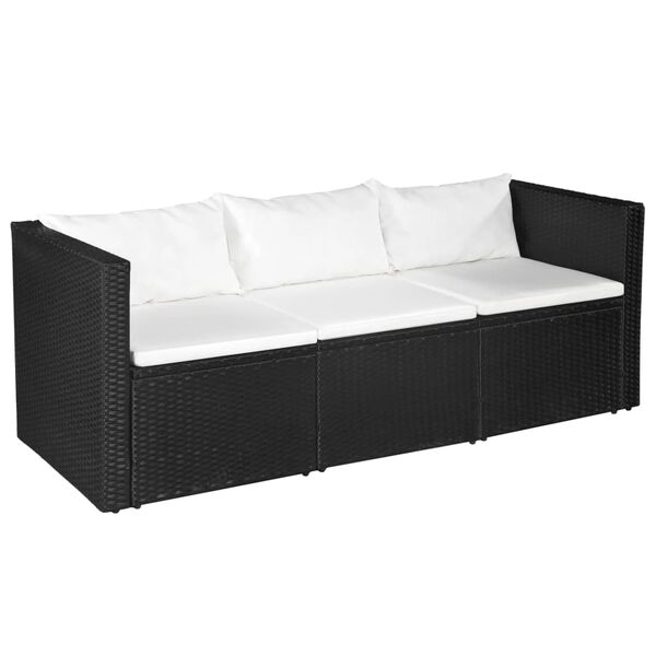 vidaXL 3-personers havesofa sort polyrattan med hvide hynder