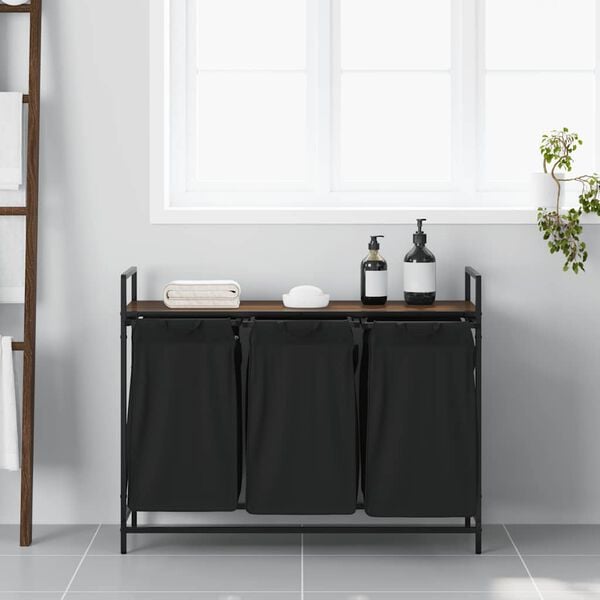 vidaXL vasketøjskurv 3 rum med hylde brun egetræsfarve