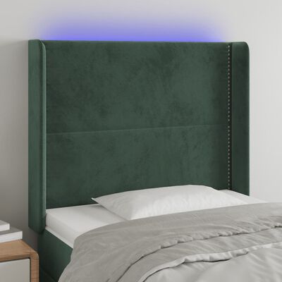 vidaXL sengegavl med LED-lys 103x16x118/128 cm fløjl mørkegrøn