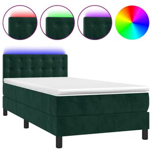 vidaXL kontinentalseng med madras og LED-lys 90x190 cm fl&oslash;jl m&oslash;rkegr&oslash;n