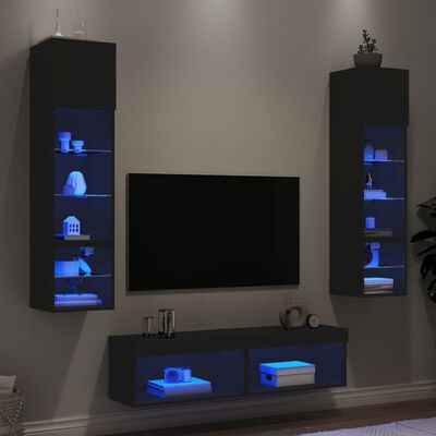 vidaXL tv-møbel til væg 6 dele med LED-lys konstrueret træ sort