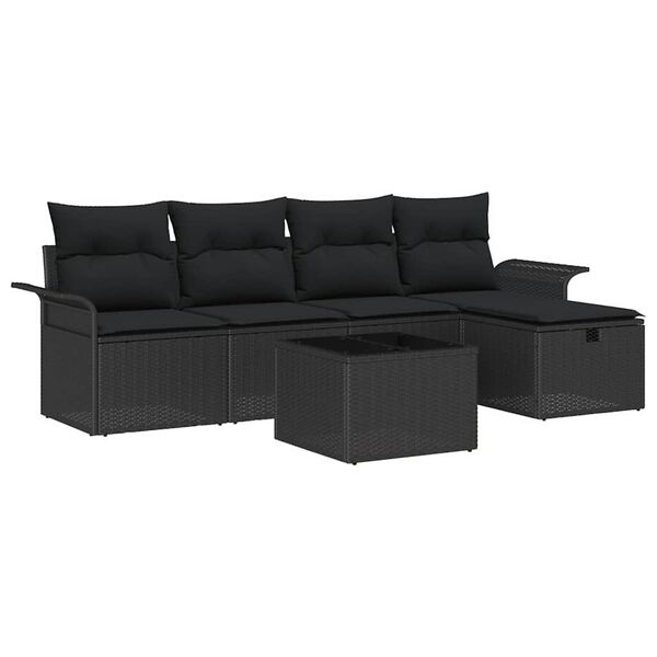 vidaXL Havesofa S&aelig;t med pude med opbevaring 6 pcs Sort polyrattan