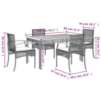vidaXL spisebordssæt til haven 5 dele med hynder polyrattan grå