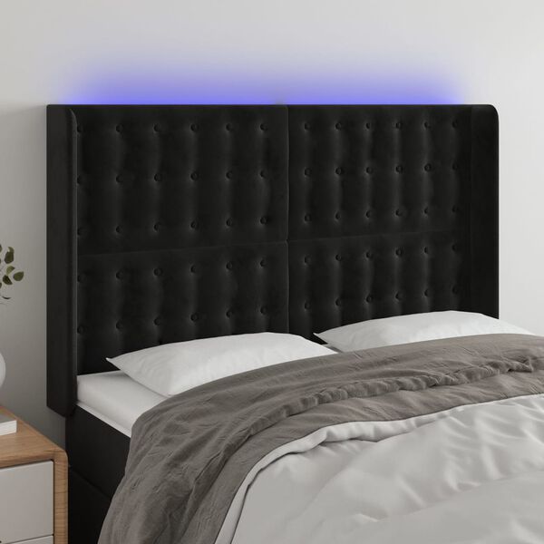 vidaXL sengegavl med LED-lys 147x16x118/128 cm fl&oslash;jl sort