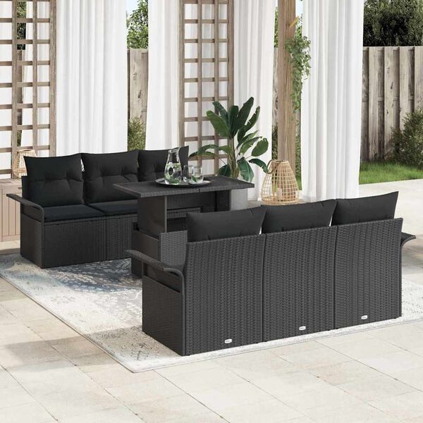 vidaXL Havesofa S&aelig;t med pude 7 pcs Sort polyrattan