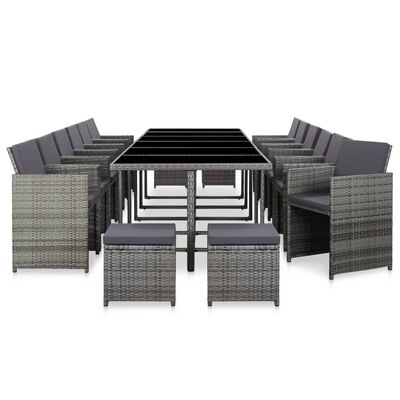 vidaXL udendørs spisebordssæt med hynder 17 dele polyrattan grå