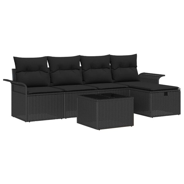 vidaXL Havesofa Sæt med pude med opbevaring 6 pcs Sort Poly rattan