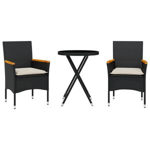 vidaXL bistros&aelig;t til haven 3 dele med hynder polyrattan og glas sort
