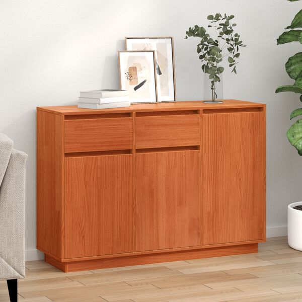 vidaXL Sideboard med skuffe Voks brun 110 x 34 x 75 cm Massiv fyrretr&aelig;