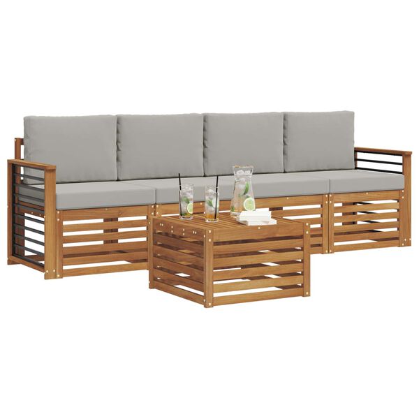 vidaXL Sofas&aelig;t med pude 5 pcs Naturlig og Lys Gr&aring; Massivt Akacietr&aelig;