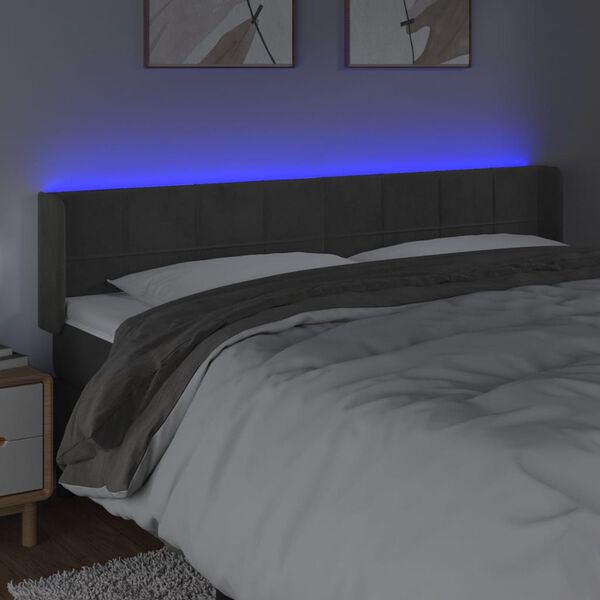 vidaXL sengegavl med LED-lys 203x16x78/88 cm fl&oslash;jl m&oslash;rkegr&aring;