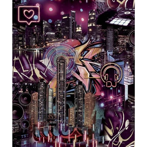 Noordwand tapet Good Vibes Skyscrapers City Icons sort og pink