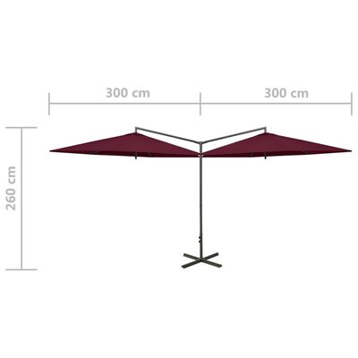 vidaXL dobbelt parasol med stålstang 600 cm bordeauxfarvet