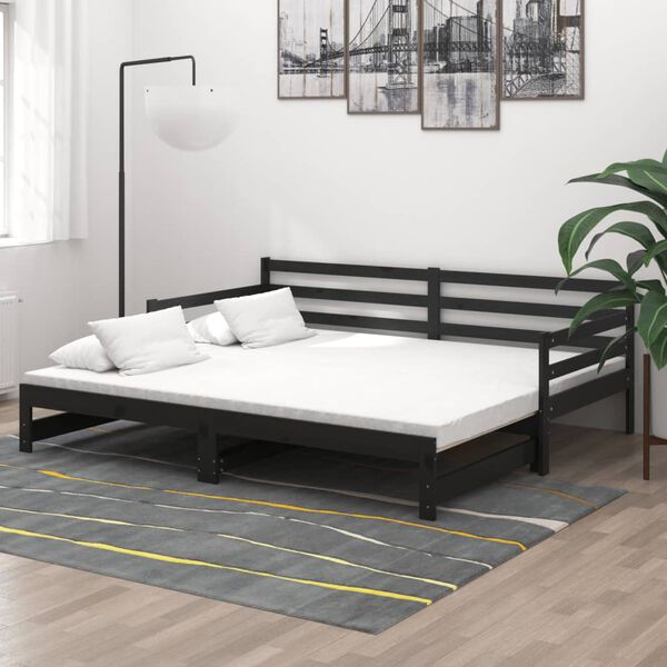 vidaXL daybed med udtr&aelig;k 2x(90x200) cm massivt fyrretr&aelig; sort