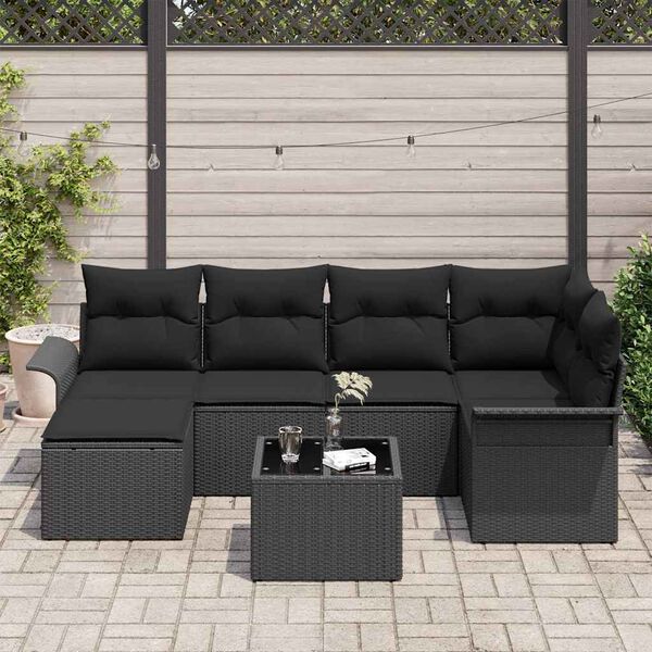 vidaXL Havesofa S&aelig;t med pude 7 pcs Sort polyrattan