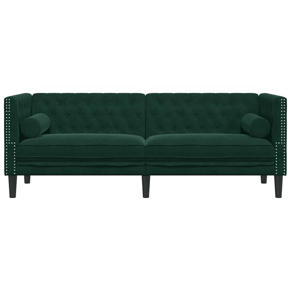 vidaXL 3-personers Chesterfield-sofa med bolsterpuder fl&oslash;jl m&oslash;rkegr&oslash;n