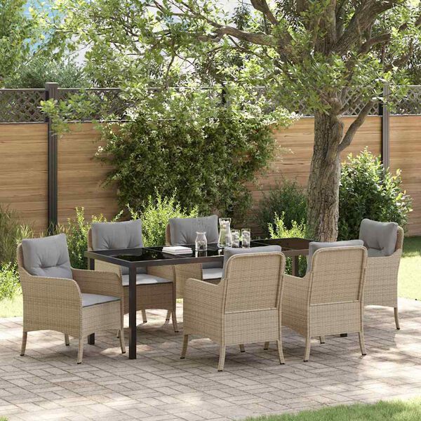 vidaXL Have Spisebordss&aelig;t med pude 7 pcs Beige polyrattan