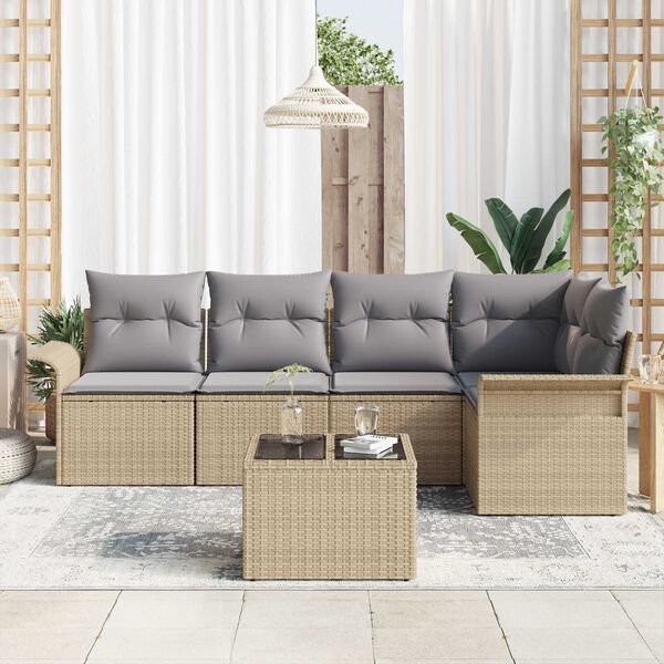 vidaXL Havesofa S&aelig;t med pude med opbevaring 6 pcs Beige Poly rattan