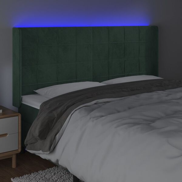 vidaXL sengegavl med LED-lys 163x16x118/128 cm fl&oslash;jl m&oslash;rkegr&oslash;n
