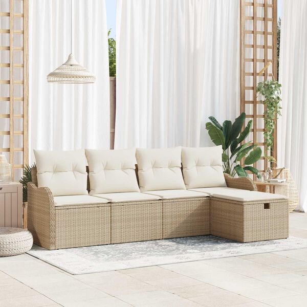 vidaXL Havesofa S&aelig;t med pude med opbevaring 5 pcs Beige Poly rattan