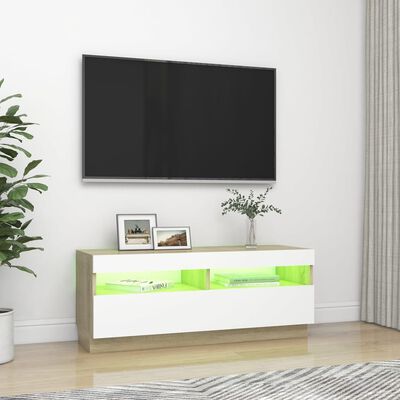 vidaXL tv-bord med LED-lys 100x35x40 cm hvid og sonoma-eg