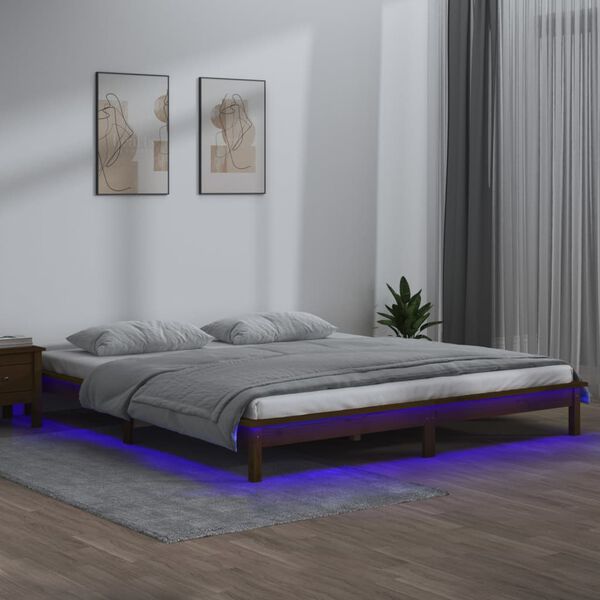 vidaXL sengeramme med LED-lys 120x200 cm massivt tr&aelig; gyldenbrun