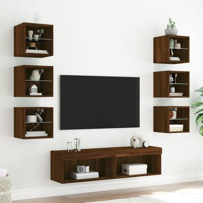 vidaXL tv-møbel til væg 8 dele med LED-lys konstrueret træ brunt eg