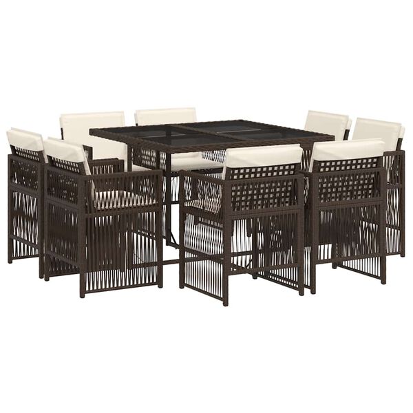 vidaXL spisebordss&aelig;t til haven 9 dele med hynder polyrattan brun