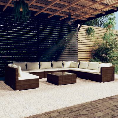 vidaXL loungesæt til haven 11 dele med hynder polyrattan brun
