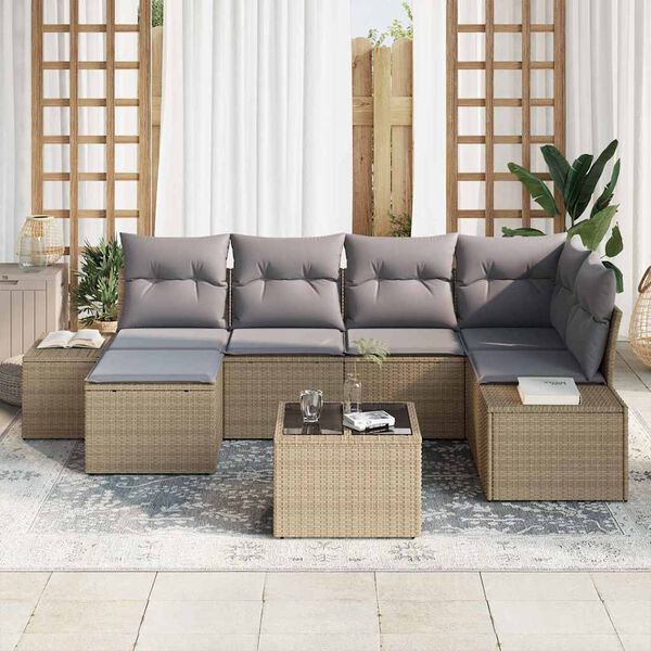 vidaXL Havesofa S&aelig;t med pude 7 pcs Beige og gr&aring; polyrattan