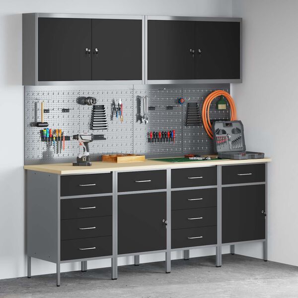 vidaXL Arbejdsskab med skuffe med l&aring;s 10 pcs Sort Ingeni&oslash;rtr&aelig; og st&aring;l