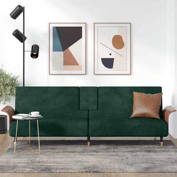 vidaXL sovesofa med kopholdere velour m&oslash;rkegr&oslash;n