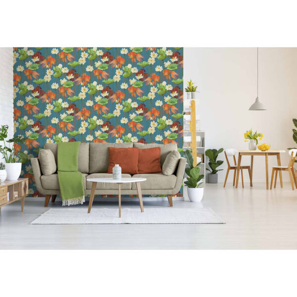 DUTCH WALLCOVERINGS tapet fisk/blomster bl&aring;