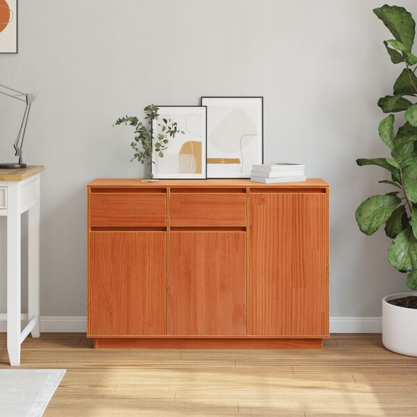 vidaXL Sideboard med skuffe Voks brun 110 x 34 x 75 cm Massiv fyrretr&aelig;