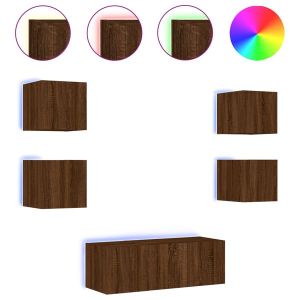 vidaXL tv-møbel til væg 6 dele med LED-lys konstrueret træ brunt eg