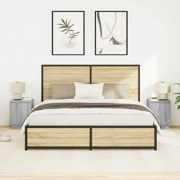 vidaXL sengeskabe 2 stk. med LED-lys 38x34x50 cm gr&aring; sonoma-eg