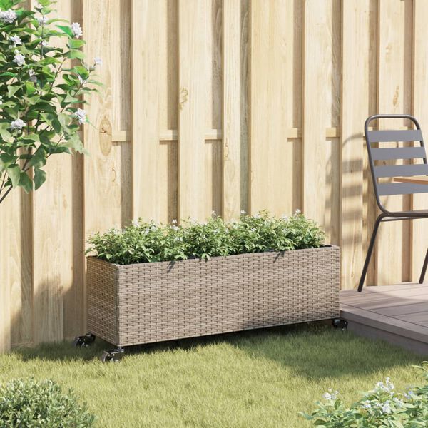 vidaXL plantekasse med hjul og 3 krukker 107x32x38 cm polyrattan gr&aring;