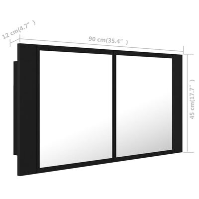 vidaXL badeværelsesskab m. spejl og LED-lys 90x12x45 cm akryl sort