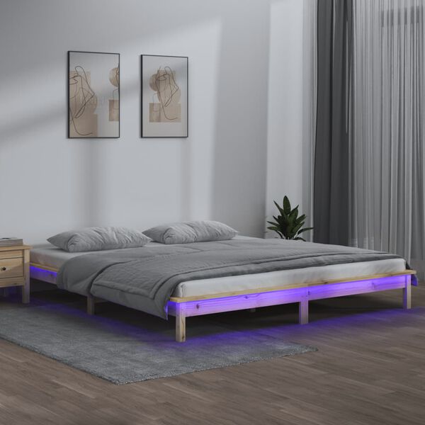 vidaXL sengeramme med LED-lys 150x200 cm kingsize massivt tr&aelig;