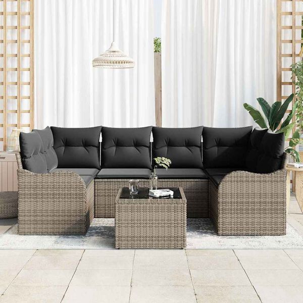 vidaXL Havesofa S&aelig;t med pude 7 pcs Gr&aring; Polyrattan og st&aring;l og glas