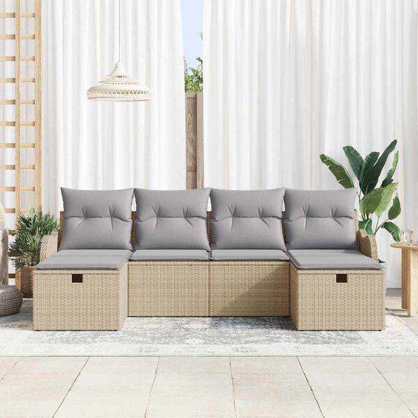 vidaXL Havesofa S&aelig;t med pude med opbevaring 6 pcs Beige polyrattan