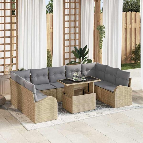 vidaXL Havesofa S&aelig;t med pude med opbevaring 10 pcs Beige Poly rattan