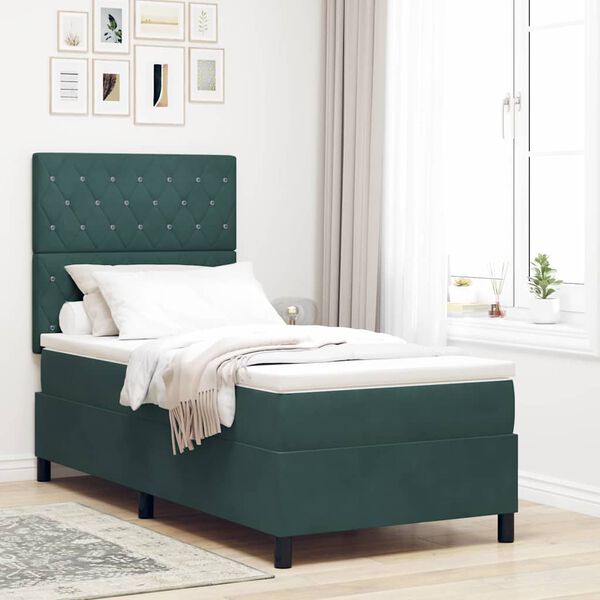 vidaXL LED Box Spring Bed med madras M&oslash;rkegr&oslash;n 90 x 190 cm Stof