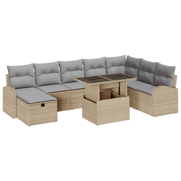 vidaXL Havesofa S&aelig;t med pude med opbevaring 9 pcs Beige Poly rattan