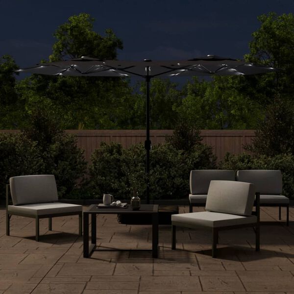 vidaXL parasol med dobbelt parasoldug og LED-lys 316x145 cm sort