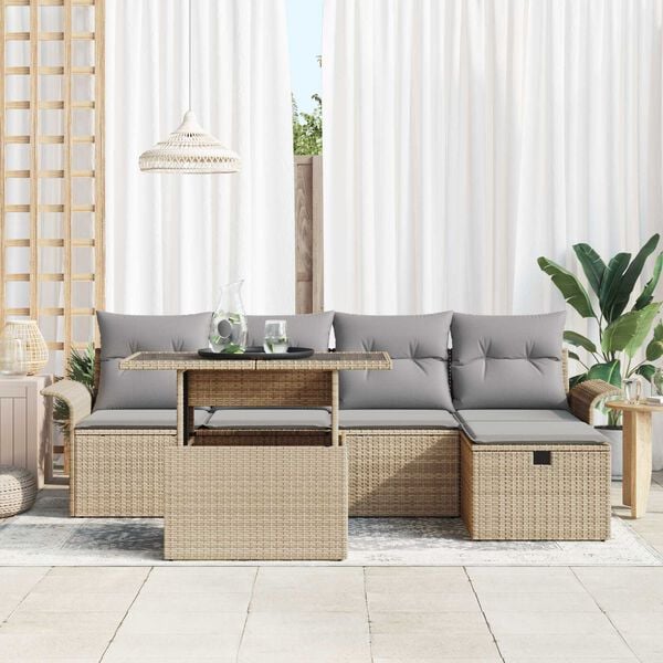 vidaXL Havesofa Sæt med pude med opbevaring 6 pcs Beige Poly rattan