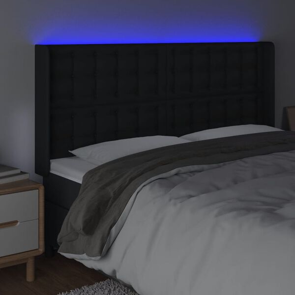 vidaXL sengegavl med LED-lys 163x16x118/128 cm kunstl&aelig;der sort