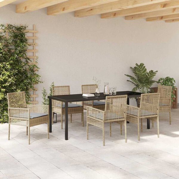 vidaXL Have Spisebordss&aelig;t med pude 7 pcs Beige polyrattan