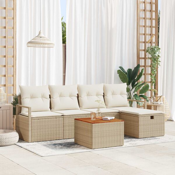 vidaXL Havesofa S&aelig;t med pude med opbevaring 6 pcs Beige Poly rattan